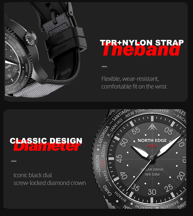 NORTH EDGE 2024 MACH Solar Power Quartz Watch Men's Pilot Sports Wristwatches Luminous Enviormentally Clock Men Waterproof 50M