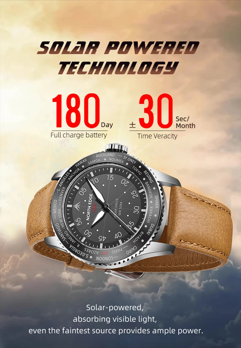 NORTH EDGE 2024 MACH Solar Power Quartz Watch Men's Pilot Sports Wristwatches Luminous Enviormentally Clock Men Waterproof 50M
