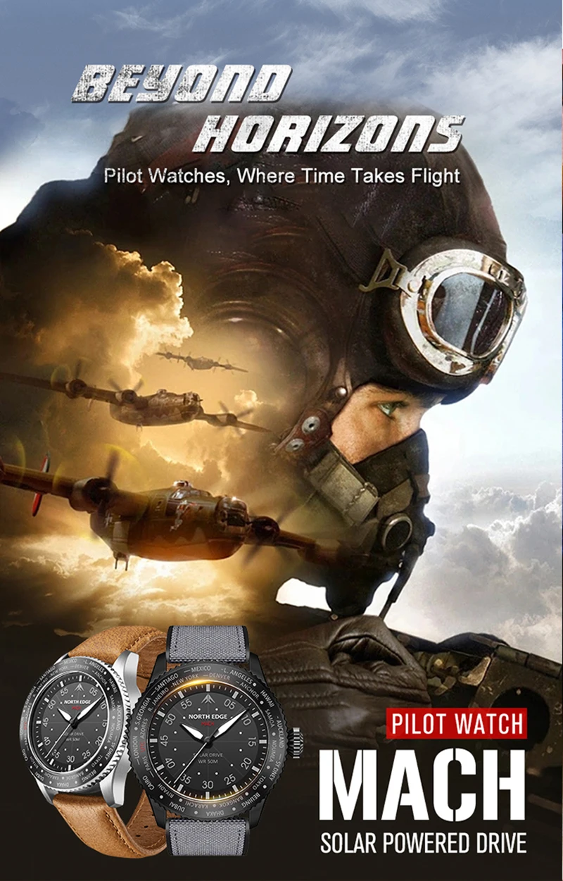 NORTH EDGE 2024 MACH Solar Power Quartz Watch Men's Pilot Sports Wristwatches Luminous Enviormentally Clock Men Waterproof 50M