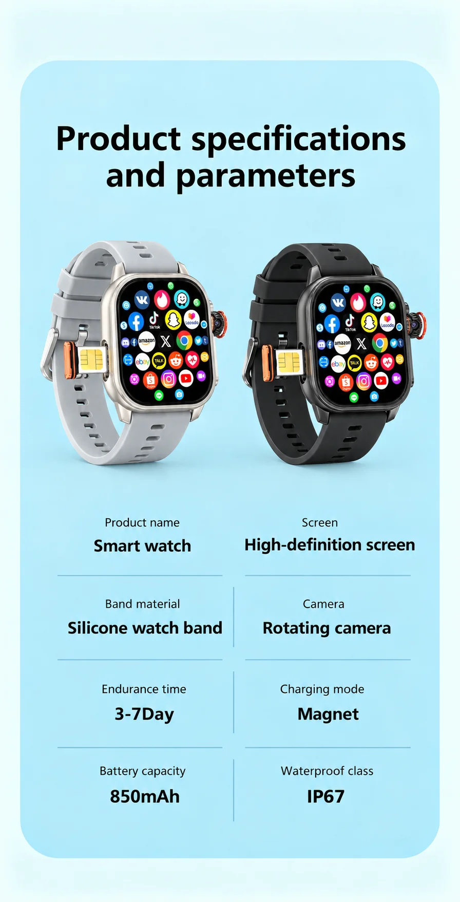 New Ultra Smart Watch 4G SIM Card 2.06''AMOLED Screen GPS WIFI 190°Rotating Camera Video Call Google Play Android Smartwatch