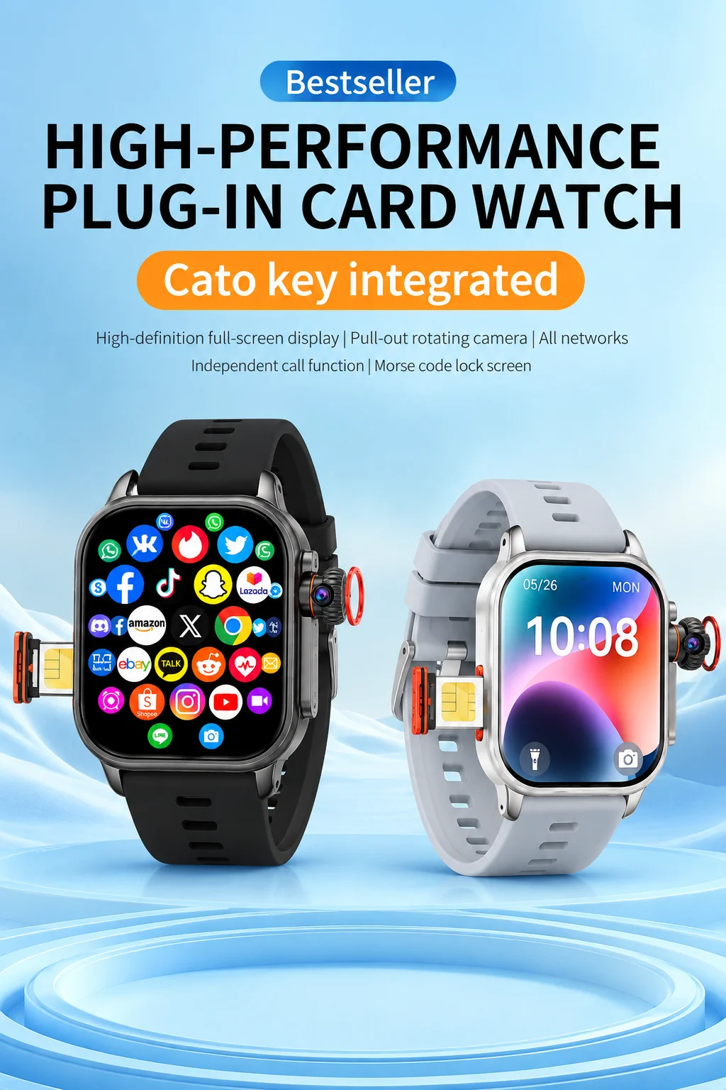 New Ultra Smart Watch 4G SIM Card 2.06''AMOLED Screen GPS WIFI 190°Rotating Camera Video Call Google Play Android Smartwatch