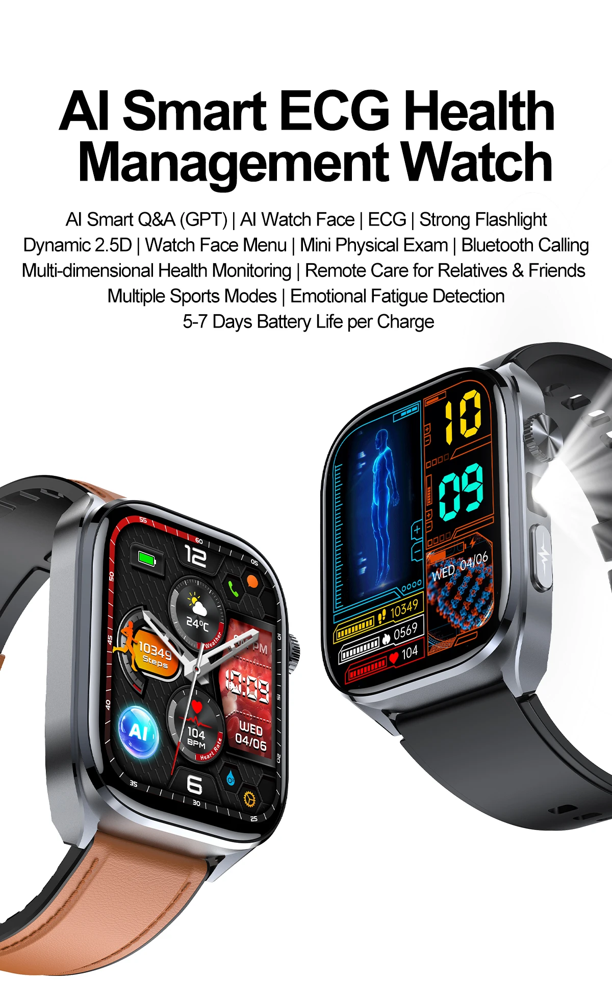 2026 New Body Fat Analysis Health Smart Watch For Men Women ECG Heart Uric Acid Blood Pressure 2.0" AMOLED Clock Call Smartwatch