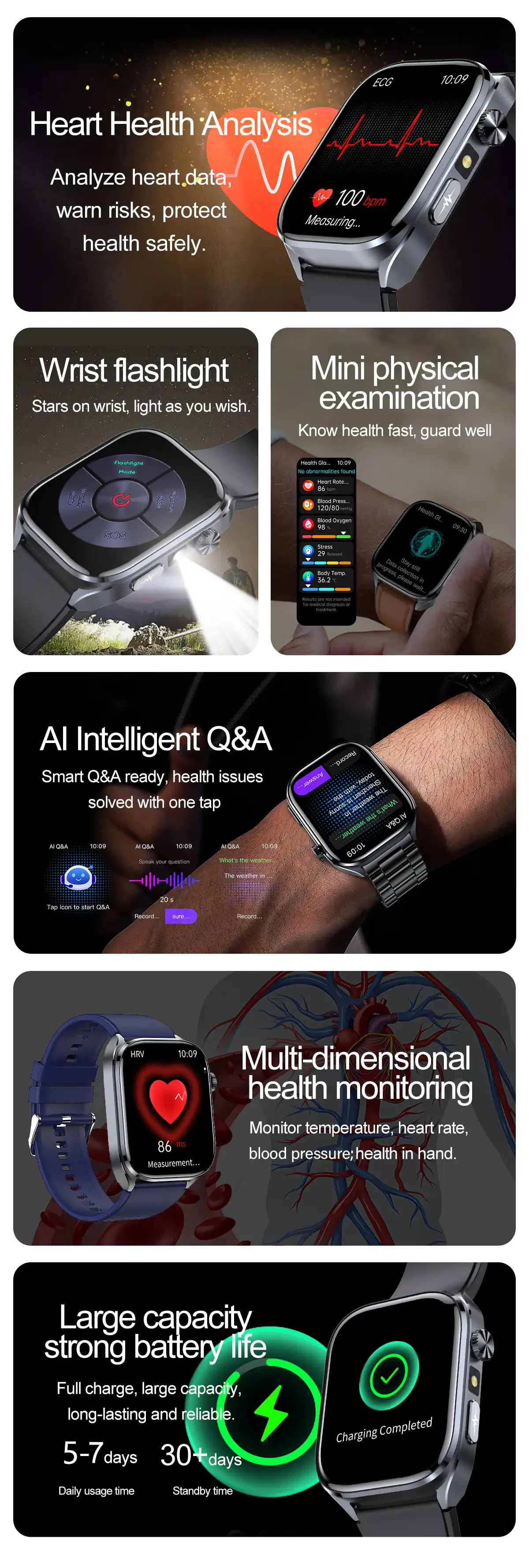 2026 New Body Fat Analysis Health Smart Watch For Men Women ECG Heart Uric Acid Blood Pressure 2.0" AMOLED Clock Call Smartwatch
