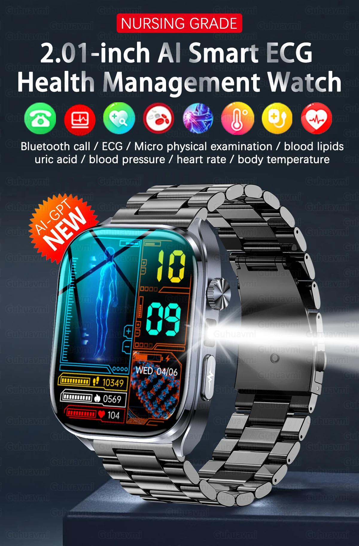 2026 New Body Fat Analysis Health Smart Watch For Men Women ECG Heart Uric Acid Blood Pressure 2.0" AMOLED Clock Call Smartwatch
