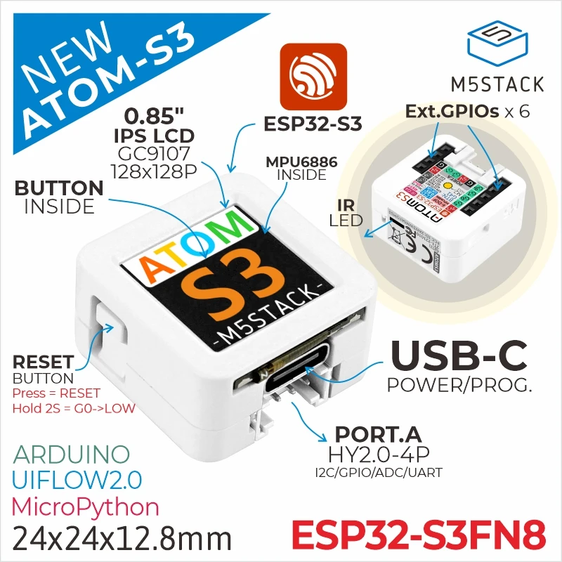 Original M5Stack ATOMS3 ESP32-S3 Programmable Controller Development Board Kit Wi-Fi 6-axis Gyro Sensor MPU6886 For IoT node