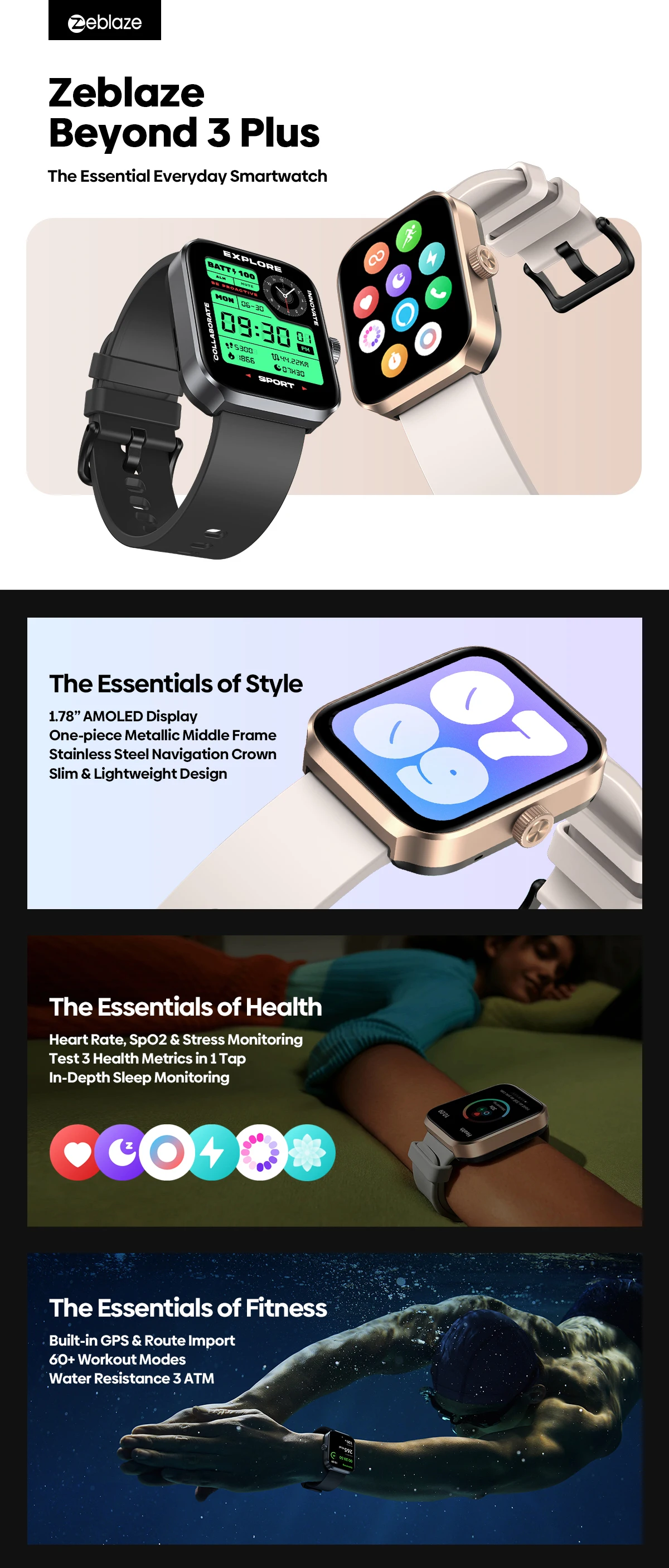 New Zeblaze Beyond 3 Plus GPS Smart Watch 1.78'' AMOLED Display Built-in Alexa Make/Receive Phone Calls 3ATM Sports Smartwatch