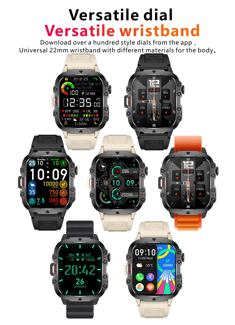 2026 Rugged Military Smart Watch Men Outdoor Watches lP68 Waterproof 2.01" Al Voice Bluetooth Call Smartwatch For Android lOS