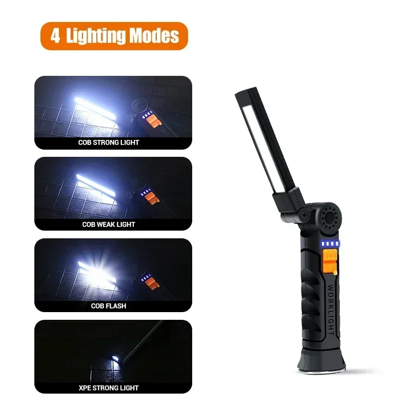 New Portable COB LED Flashlight Magnetic Lantern Hanging Lamp USB Rechargeable Work Light with Built-in Battery Camping Torch