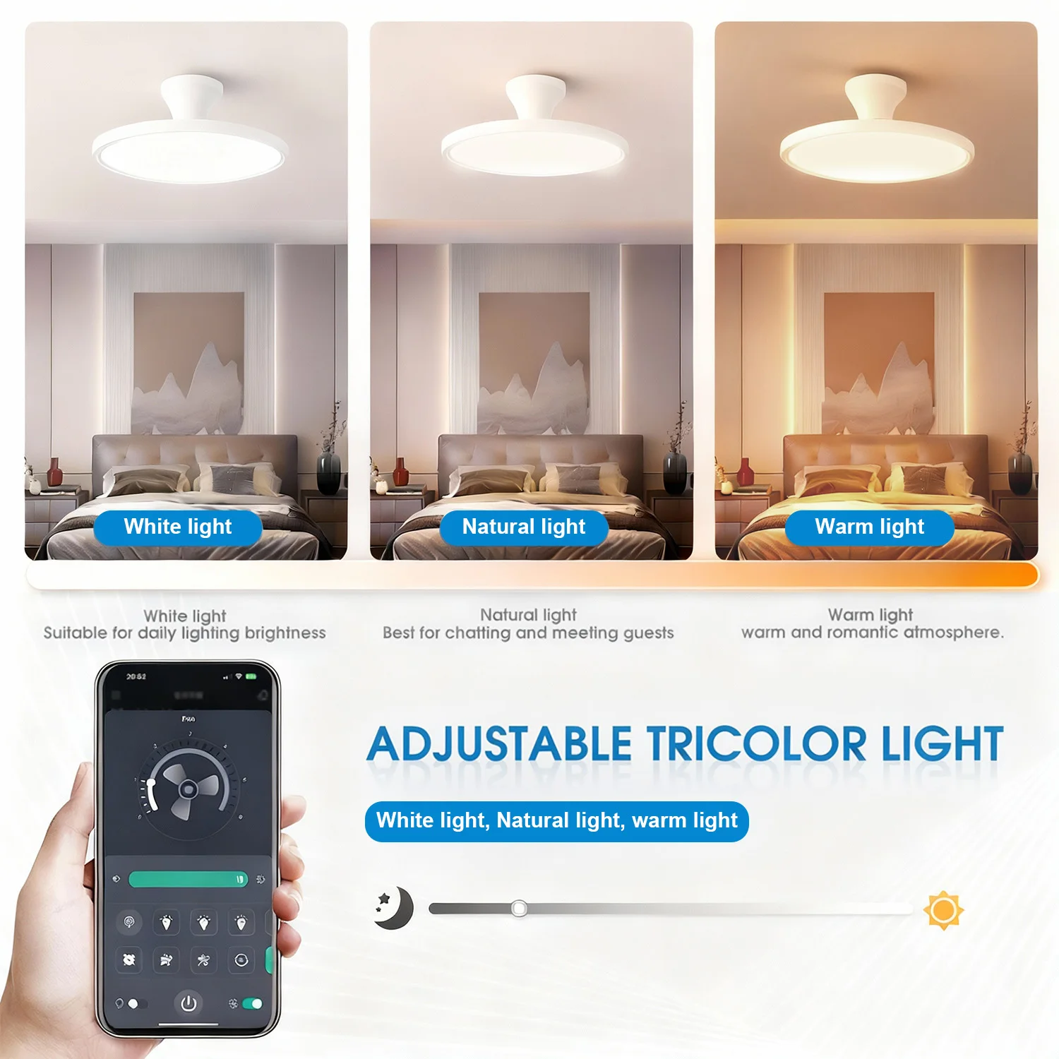 IRALAN Modern Invisible Ceiling Fan with LED Light DC Motor Large Air Volume Remote Control for Bedroom Dining Room