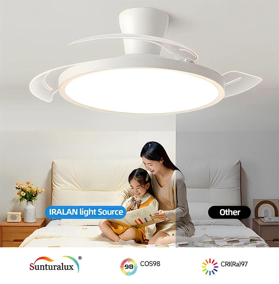IRALAN Modern Invisible Ceiling Fan with LED Light DC Motor Large Air Volume Remote Control for Bedroom Dining Room