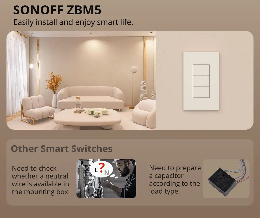 SONOFF ZBM5 SwitchMan Zigbee Smart Wall Switch Supports No Neutral and Neutral Wire Detach Relay Mode Works with Home Assistant
