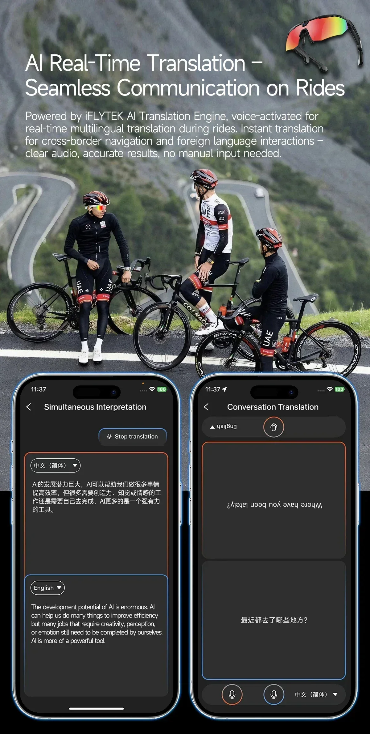 Outdoor Sports Sunglasses 2026 New Smart Cycling Glasses BT Call AI Translation AI Conversation 32MP HD Photo 8MP HD Camera