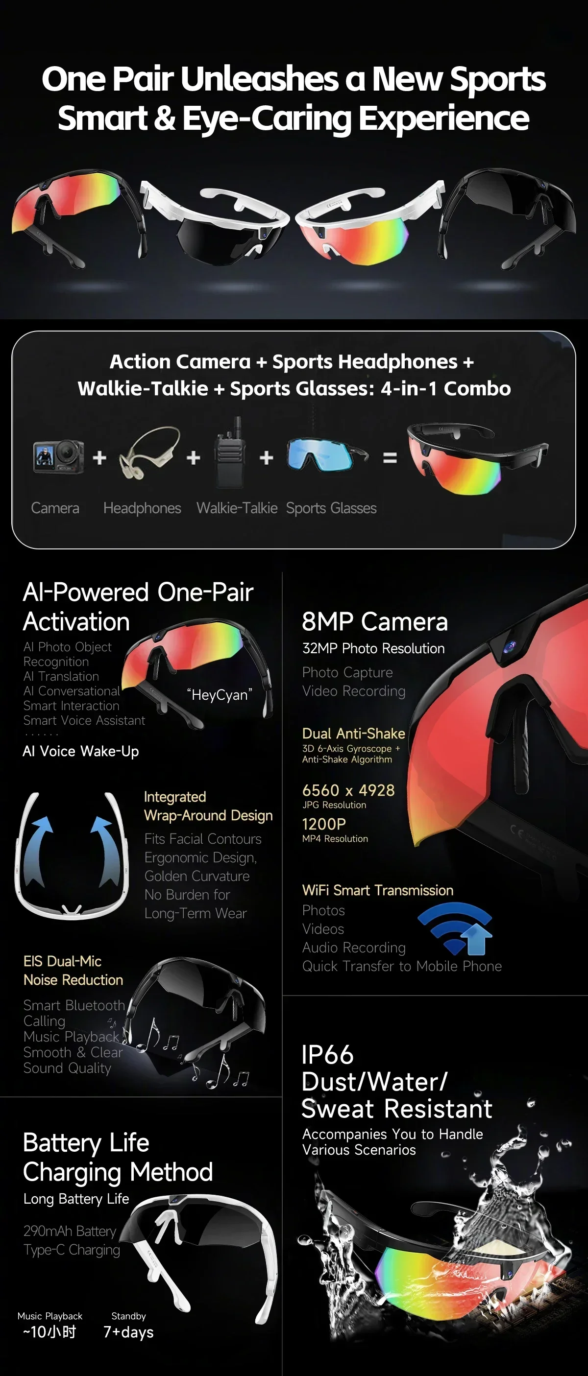 Outdoor Sports Sunglasses 2026 New Smart Cycling Glasses BT Call AI Translation AI Conversation 32MP HD Photo 8MP HD Camera