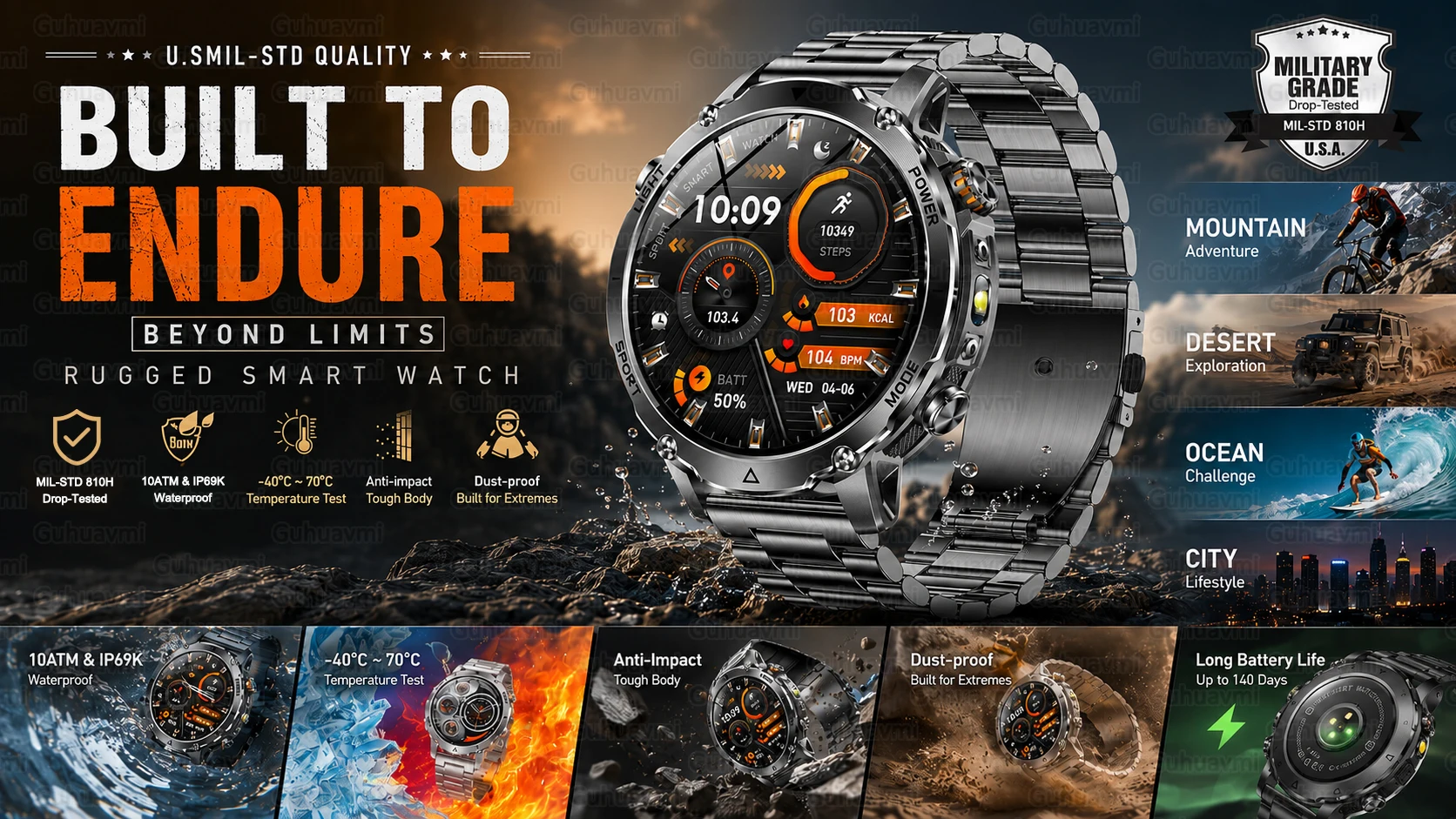 Military TANK Smart Watch 1400mAh Big Battery 10ATM Waterproof Rugged Outdoor SOS Alert Heart Rate Fitness Trackr Smart Bracelet