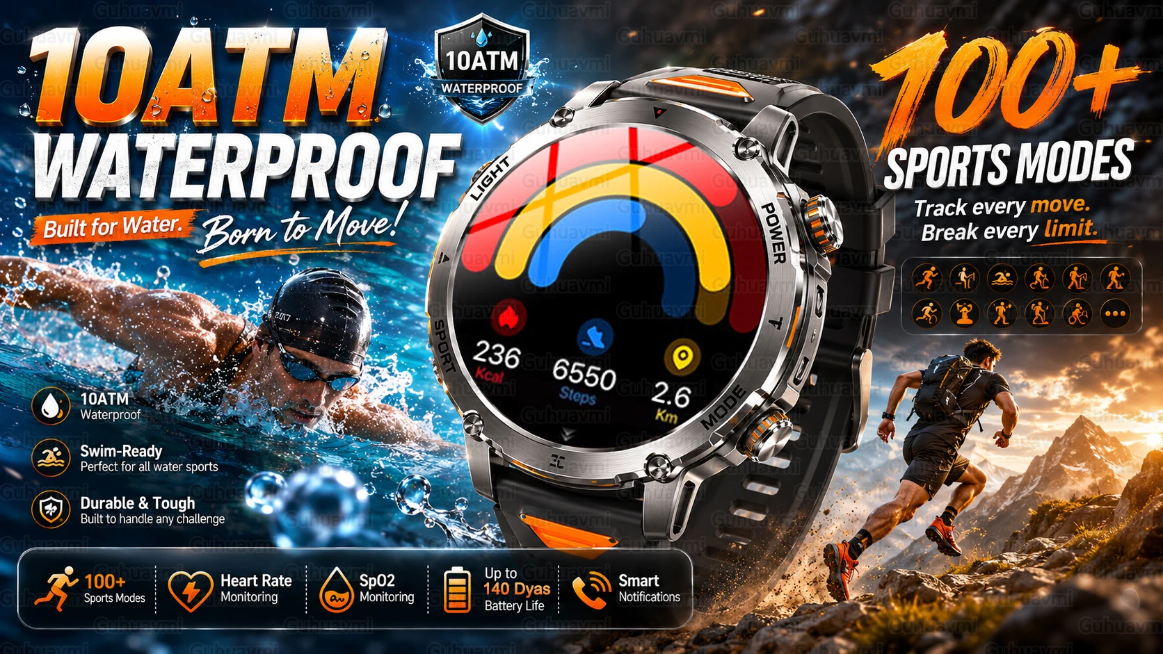 Military TANK Smart Watch 1400mAh Big Battery 10ATM Waterproof Rugged Outdoor SOS Alert Heart Rate Fitness Trackr Smart Bracelet