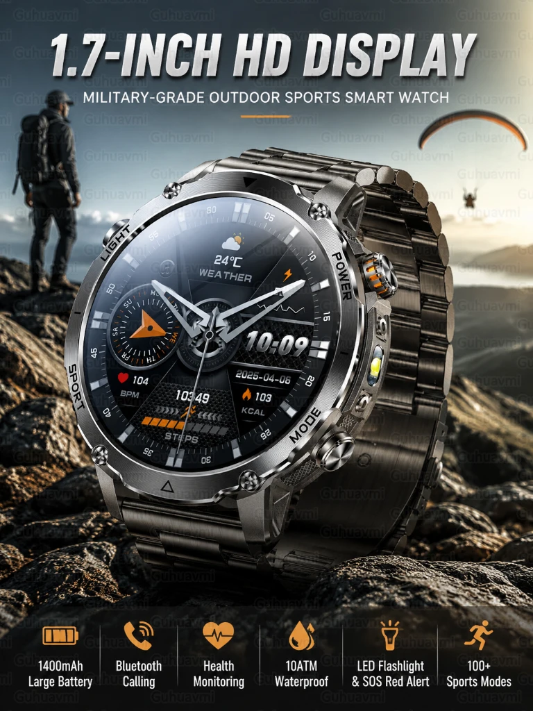 Military TANK Smart Watch 1400mAh Big Battery 10ATM Waterproof Rugged Outdoor SOS Alert Heart Rate Fitness Trackr Smart Bracelet