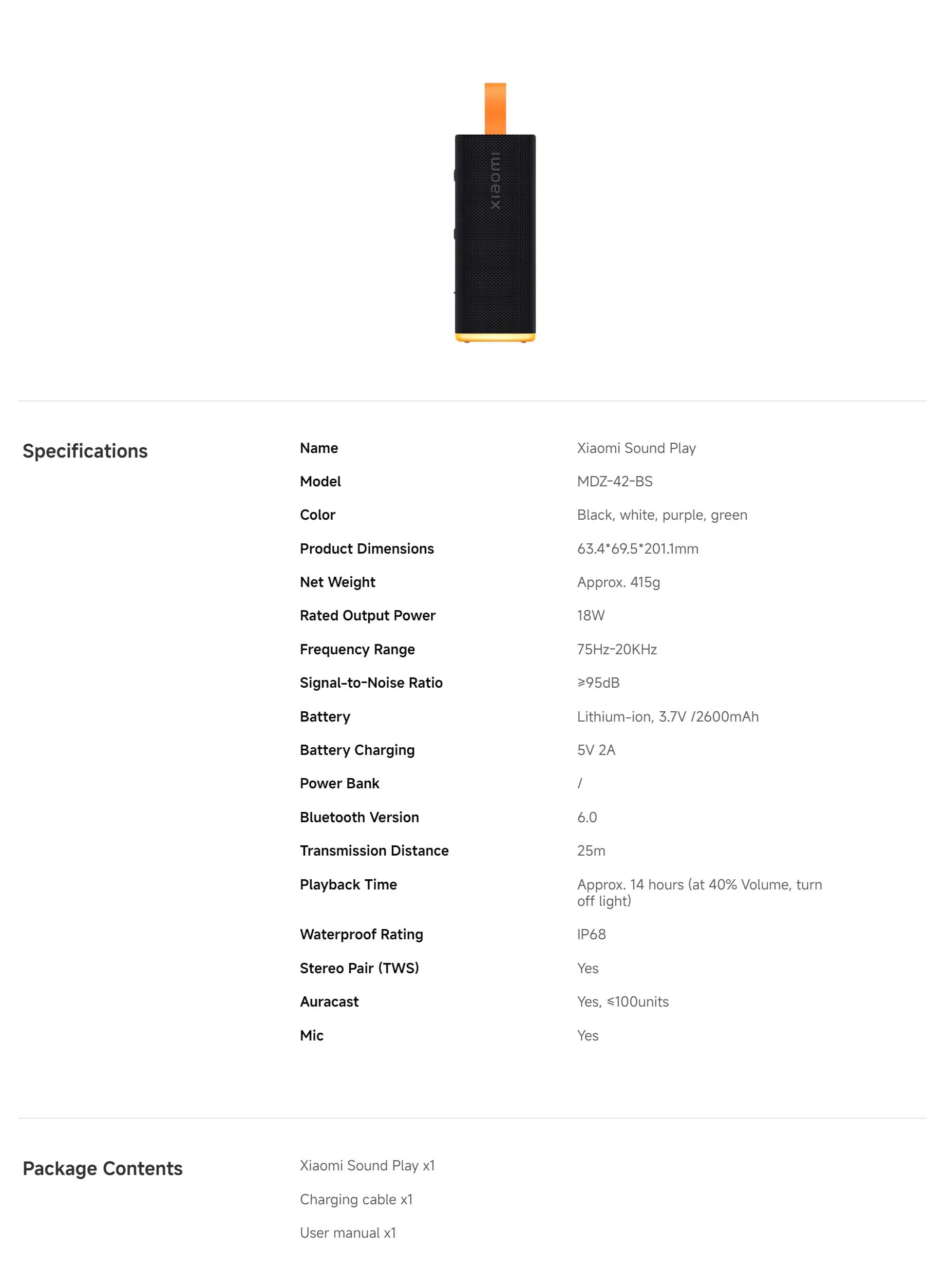 Global Version Xiaomi Sound Play Bluetooth6.0 18W TWS connect 2600mAh IP68 Water and Dust Resistance Outdoor Party Mini Portable