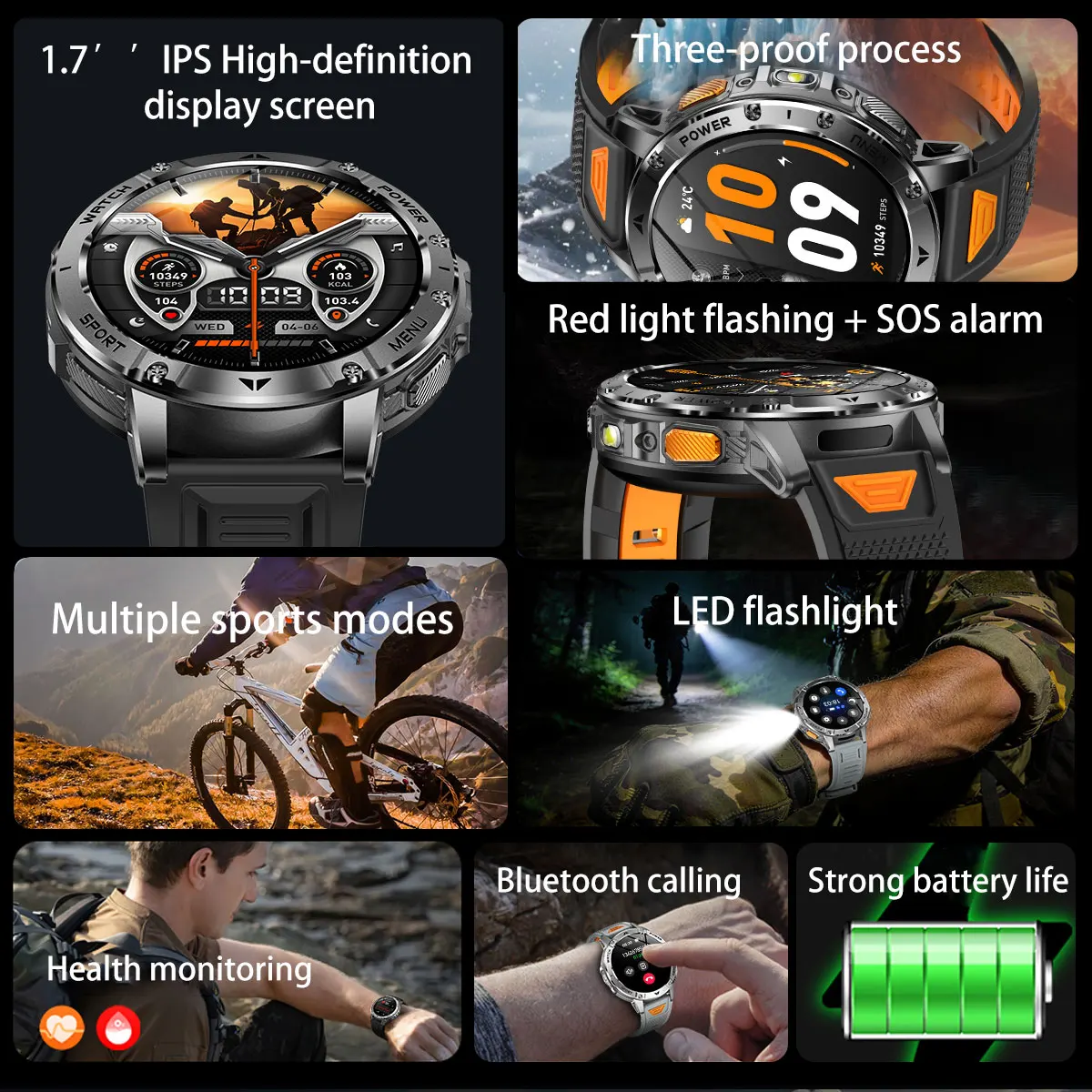 Men Rugged Steel Sport Smart Watch 1400mAh Battery 1.7" HD Bluetooth Call 10ATM Waterproof Heart Rate Fitness Trackr Smartwatch