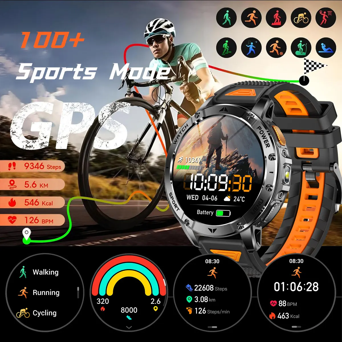 Men Rugged Steel Sport Smart Watch 1400mAh Battery 1.7" HD Bluetooth Call 10ATM Waterproof Heart Rate Fitness Trackr Smartwatch