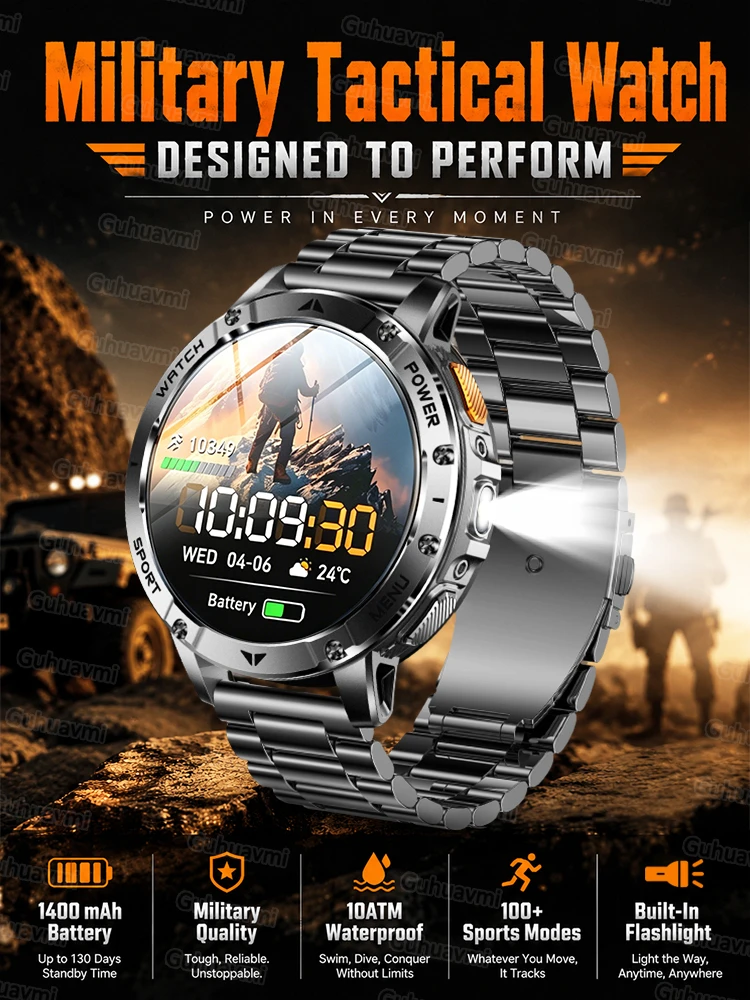 Men Rugged Steel Sport Smart Watch 1400mAh Battery 1.7" HD Bluetooth Call 10ATM Waterproof Heart Rate Fitness Trackr Smartwatch