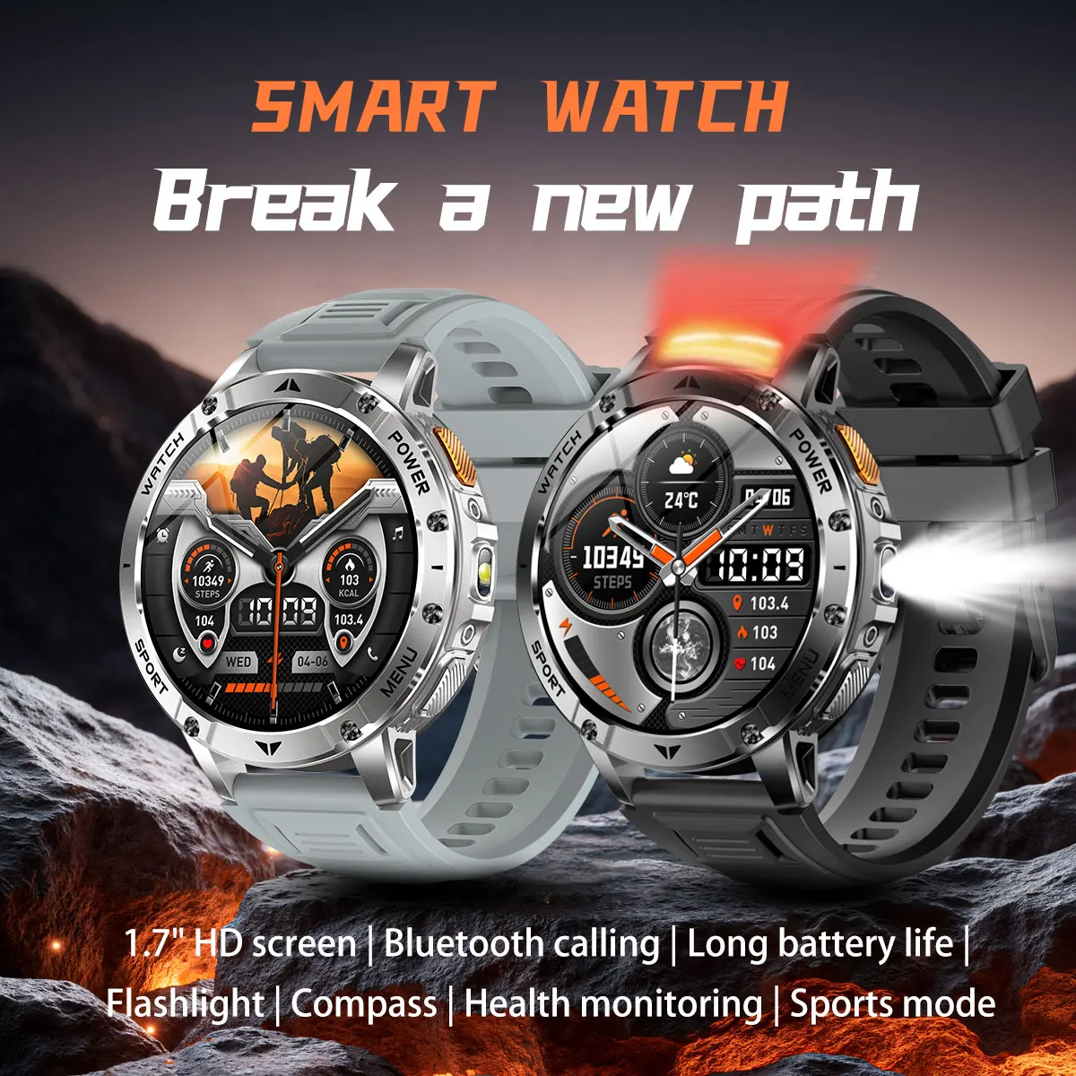 Men Rugged Steel Sport Smart Watch 1400mAh Battery 1.7" HD Bluetooth Call 10ATM Waterproof Heart Rate Fitness Trackr Smartwatch