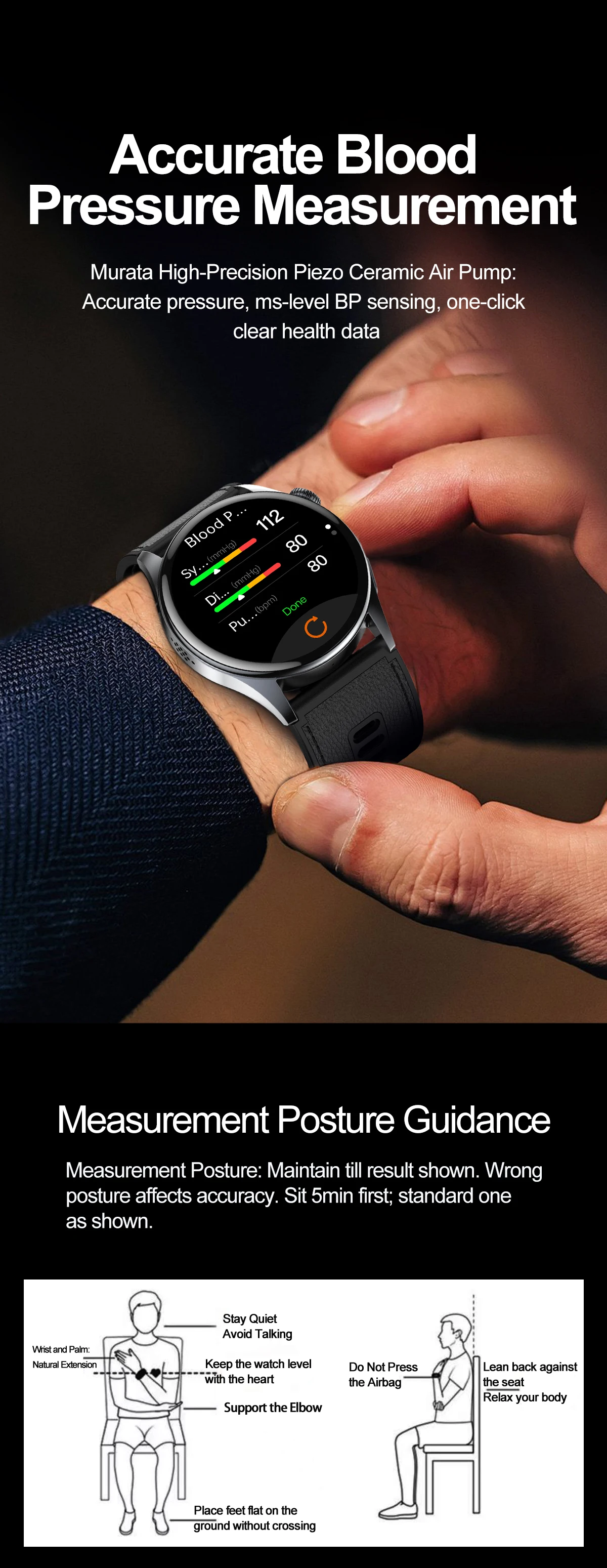 2026 New Air Pump Airbag Smart Watch High Precision Dynamic Blood Pressure Monitor ECG Heart Rate Health Smart watch For Adult