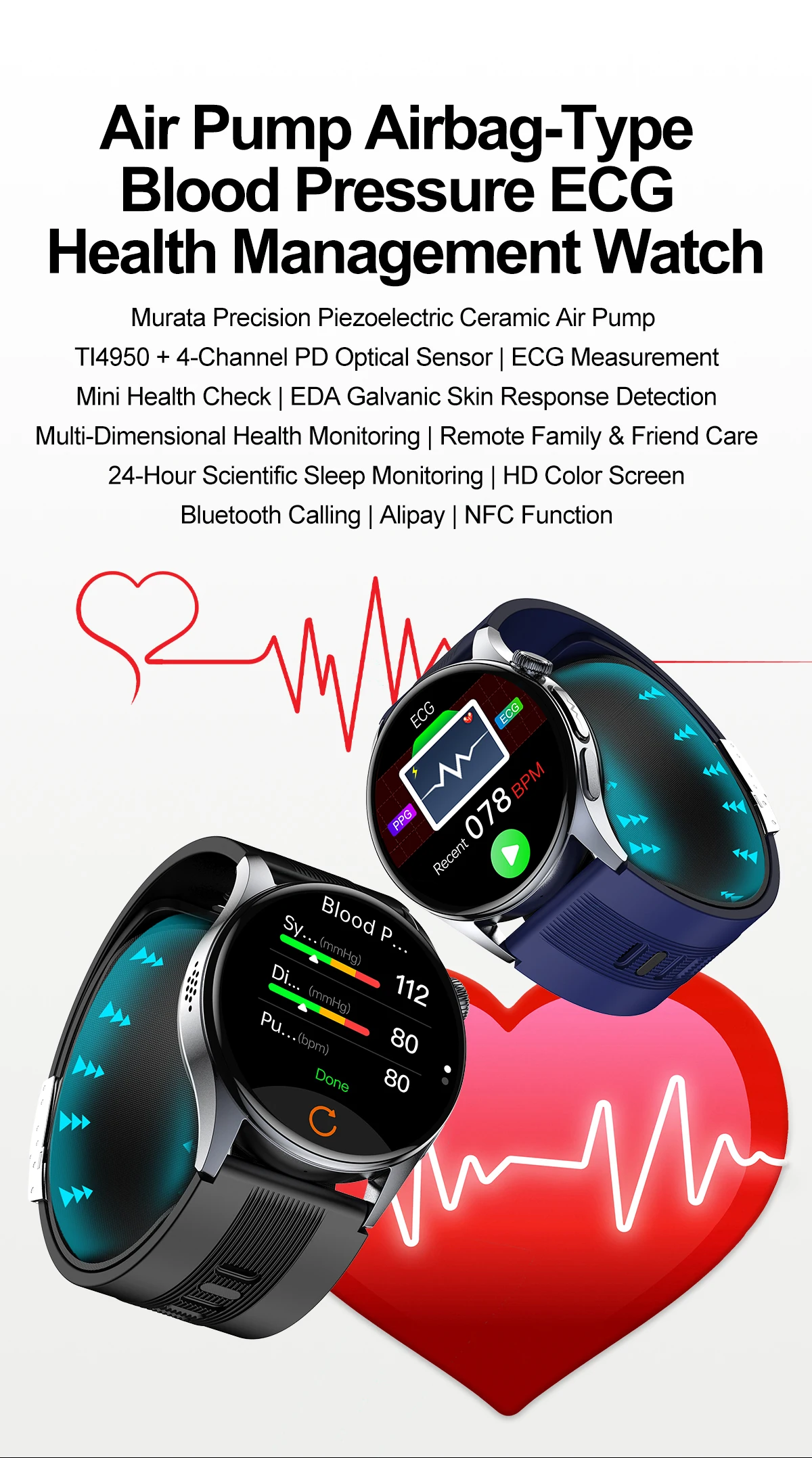 2026 New Air Pump Airbag Smart Watch High Precision Dynamic Blood Pressure Monitor ECG Heart Rate Health Smart watch For Adult