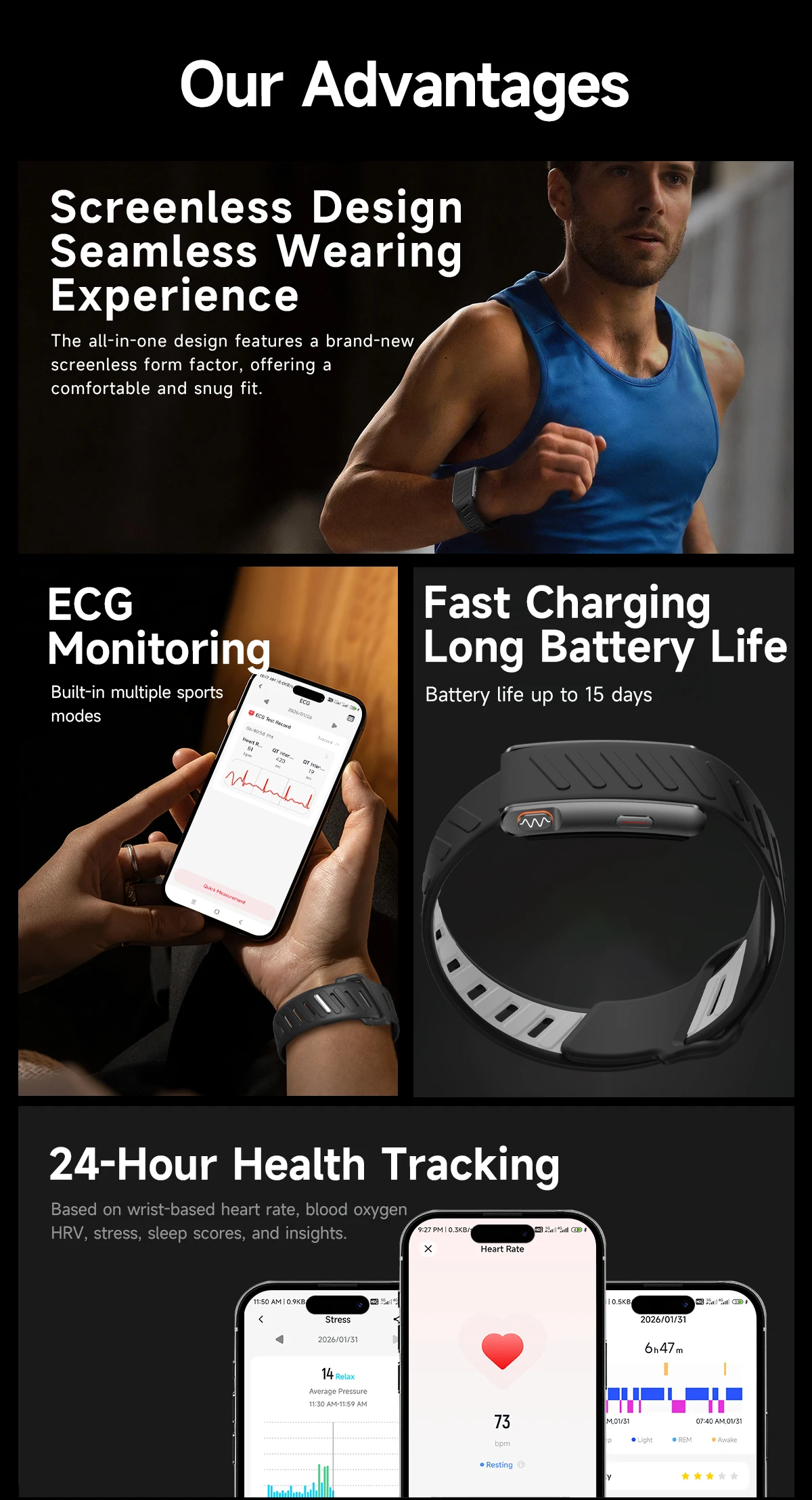 Newly Men Women Smart Band ECG Blood Pressure Uric Acid Monitor 3ATM Waterproof Sports Fitness Tracker Bracelet For Android iOS