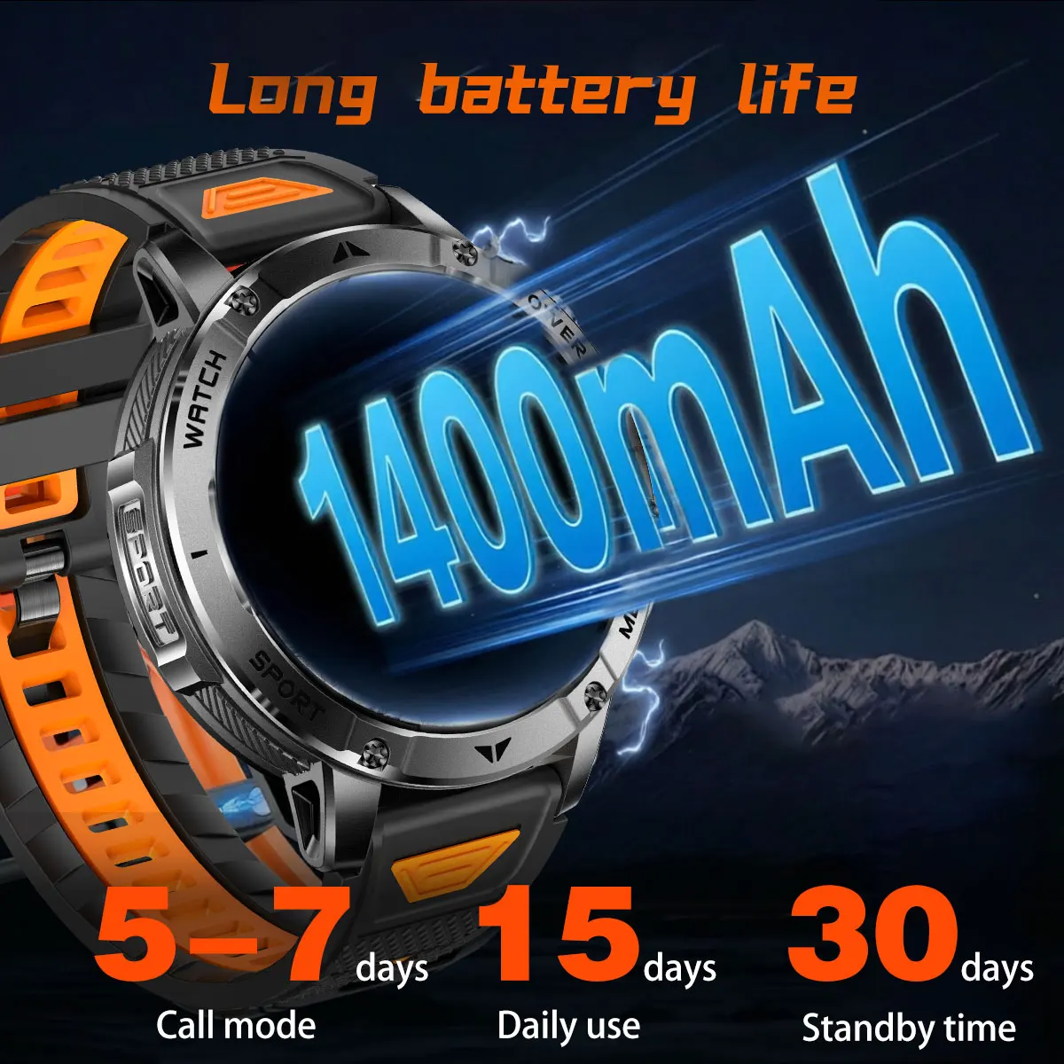 New Outdoor Sports Fitness 1.7 Inch Smart Watch 1400mAh Battery Waterproof SOS Dual-Color Flashlight BT Call Smart watch For Men