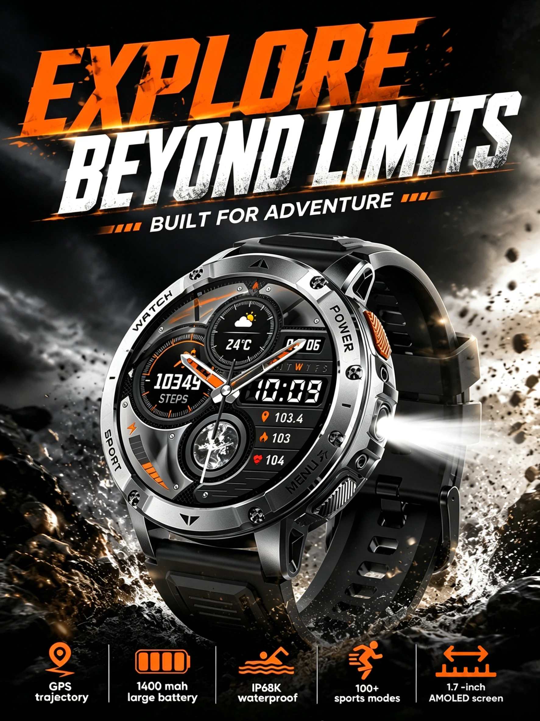 New Outdoor Sports Fitness 1.7 Inch Smart Watch 1400mAh Battery Waterproof SOS Dual-Color Flashlight BT Call Smart watch For Men
