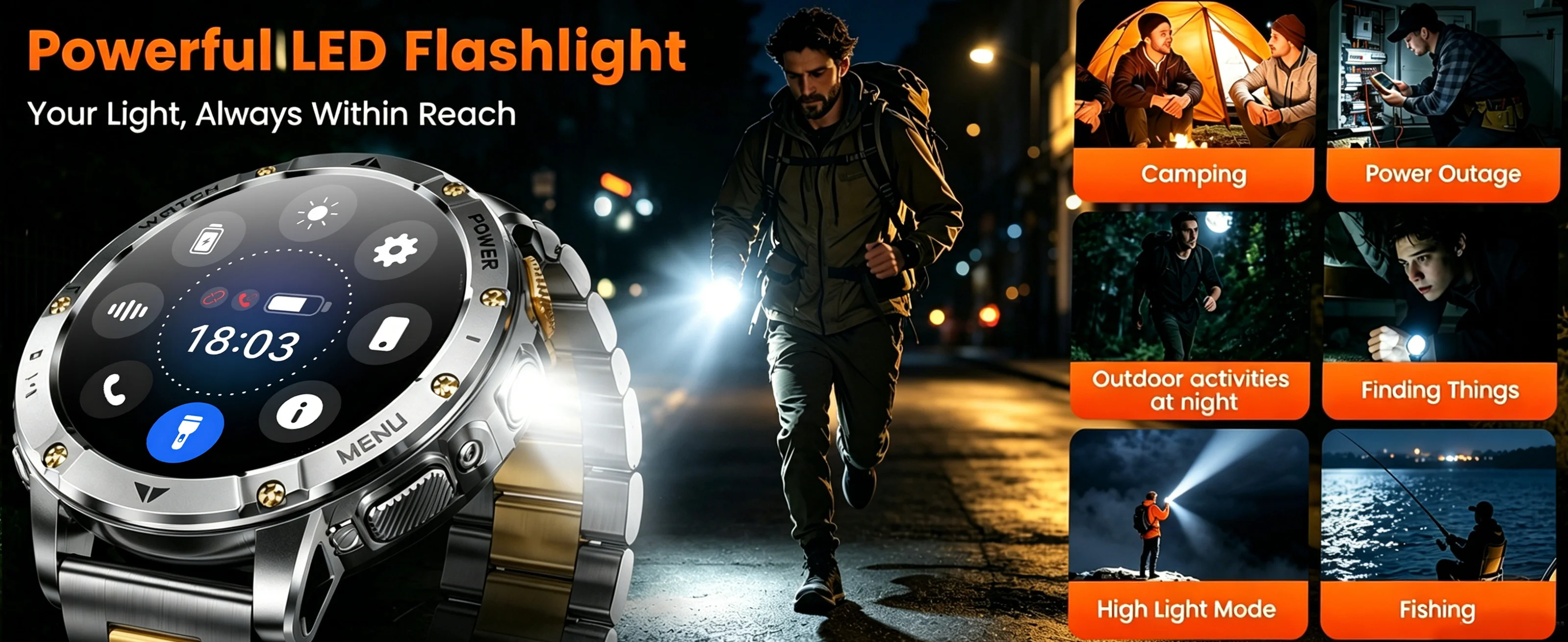 New Outdoor Sports Fitness 1.7 Inch Smart Watch 1400mAh Battery Waterproof SOS Dual-Color Flashlight BT Call Smart watch For Men