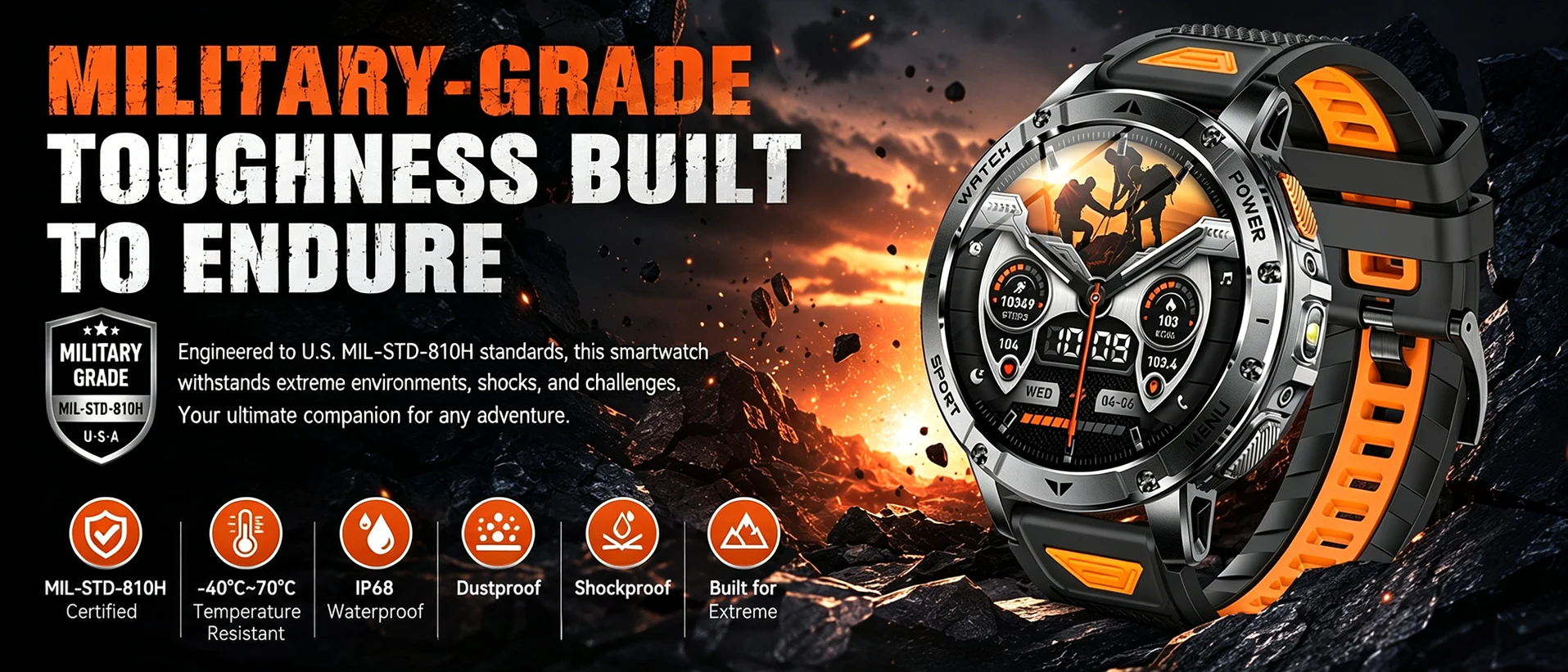 New Outdoor Sports Fitness 1.7 Inch Smart Watch 1400mAh Battery Waterproof SOS Dual-Color Flashlight BT Call Smart watch For Men
