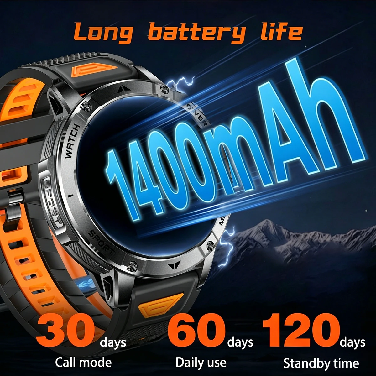 New Outdoor Sports Fitness 1.7 Inch Smart Watch 1400mAh Battery Waterproof SOS Dual-Color Flashlight BT Call Smart watch For Men