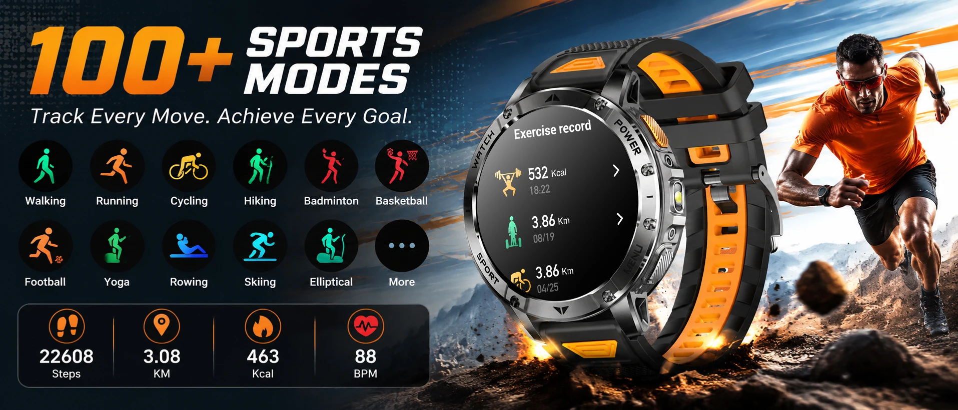 New Outdoor Sports Fitness 1.7 Inch Smart Watch 1400mAh Battery Waterproof SOS Dual-Color Flashlight BT Call Smart watch For Men