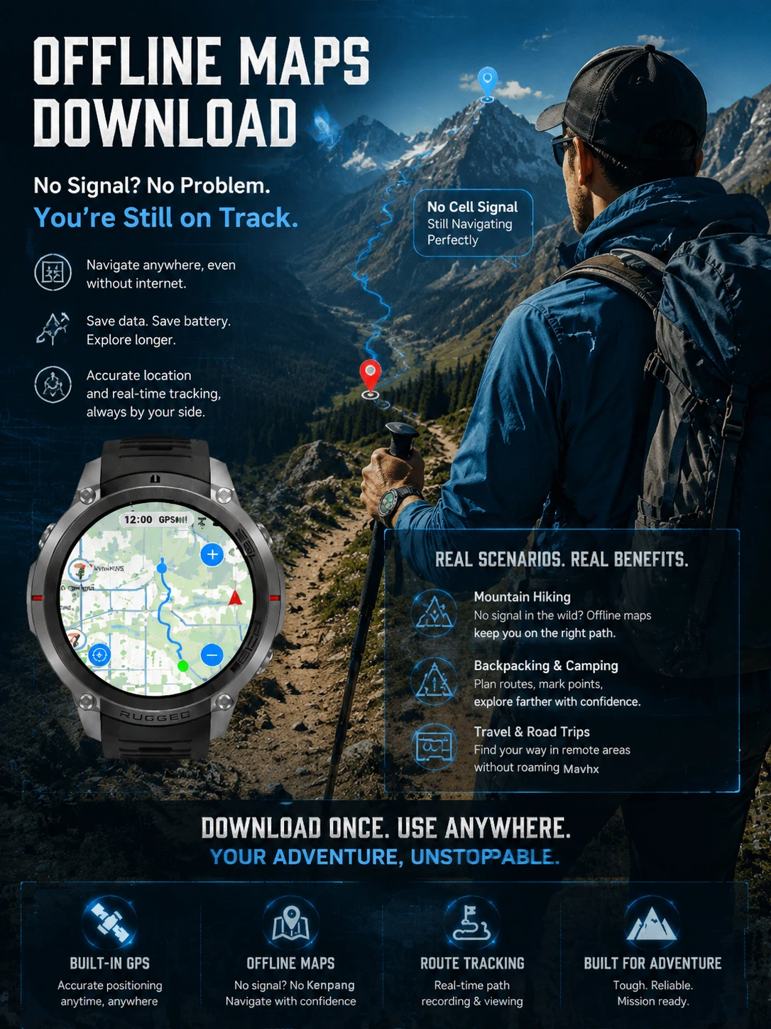 2026-Top Accurate GPS Smart Watch Offline Maps Download Compass Tracking 5ATM Waterproof Tactics Sport Smart Bracelet Men Gift