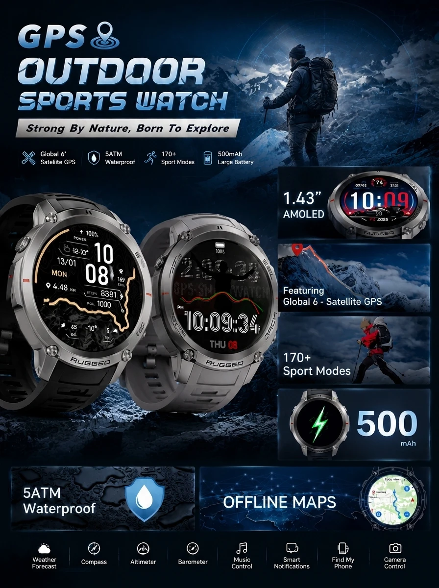 2026-Top Accurate GPS Smart Watch Offline Maps Download Compass Tracking 5ATM Waterproof Tactics Sport Smart Bracelet Men Gift