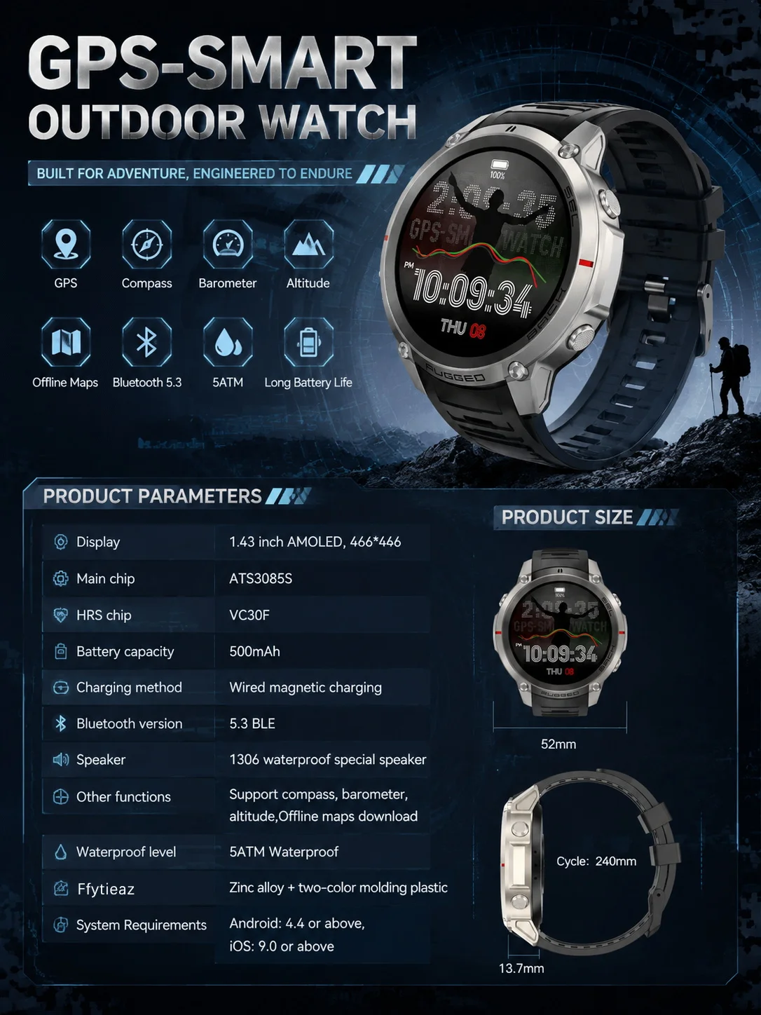 2026-Top Accurate GPS Smart Watch Offline Maps Download Compass Tracking 5ATM Waterproof Tactics Sport Smart Bracelet Men Gift