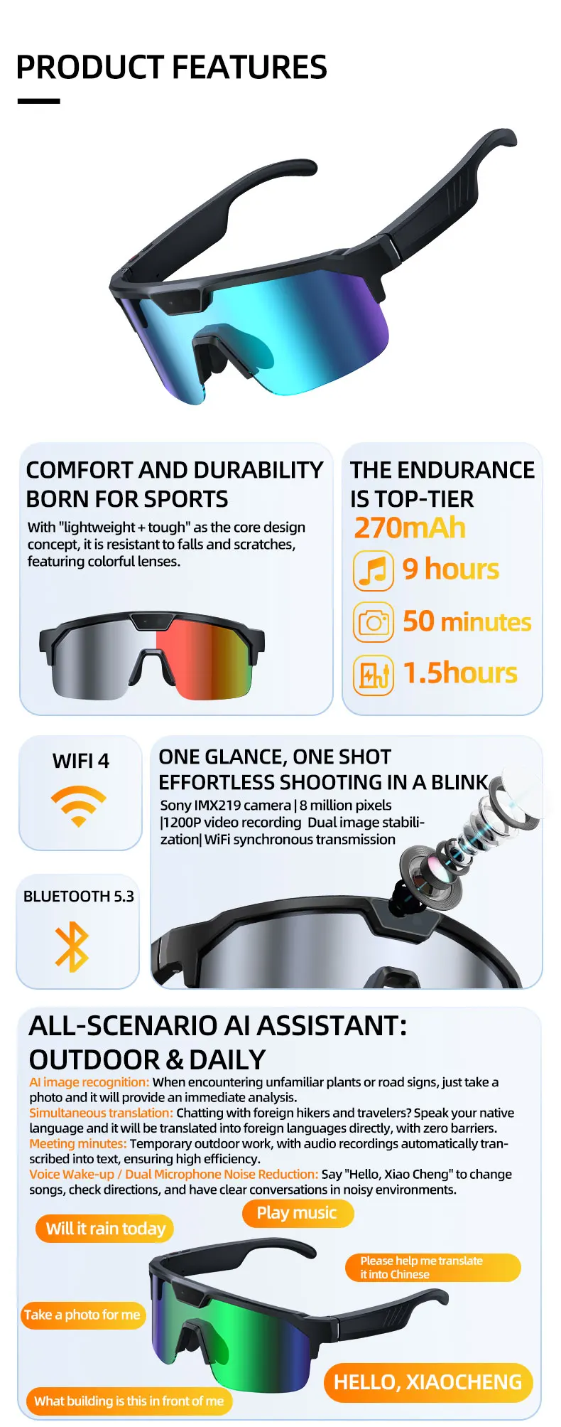 2026 Upgrade Smart Glasses with 8MP Photo&Video Camera AI Assistant Recognition Translation EIS Bluetooth Audio Sunglasses Men