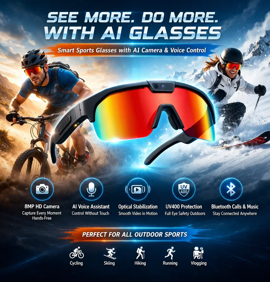 2026 Upgrade Smart Glasses with 8MP Photo&Video Camera AI Assistant Recognition Translation EIS Bluetooth Audio Sunglasses Men
