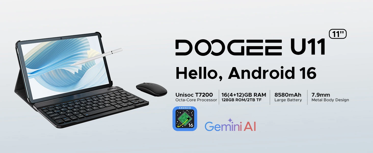 Doogee U11 Android 16 2-in-1 Smart Tablet Pc Gemini Ai 16Gb Ram(4+12) 128Gb Rom 8580Mah Battery Dual Speaker Supports Widevine L1 11" Ultra-Clear 90Hz Display Tablet Pc
