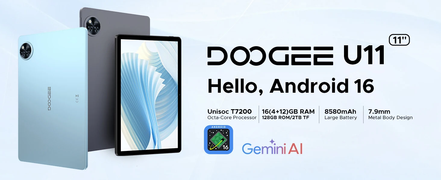 Doogee U11 Android 16 2-in-1 Smart Tablet Pc Gemini Ai 16Gb Ram(4+12) 128Gb Rom 8580Mah Battery Dual Speaker Supports Widevine L1 11" Ultra-Clear 90Hz Display Tablet Pc