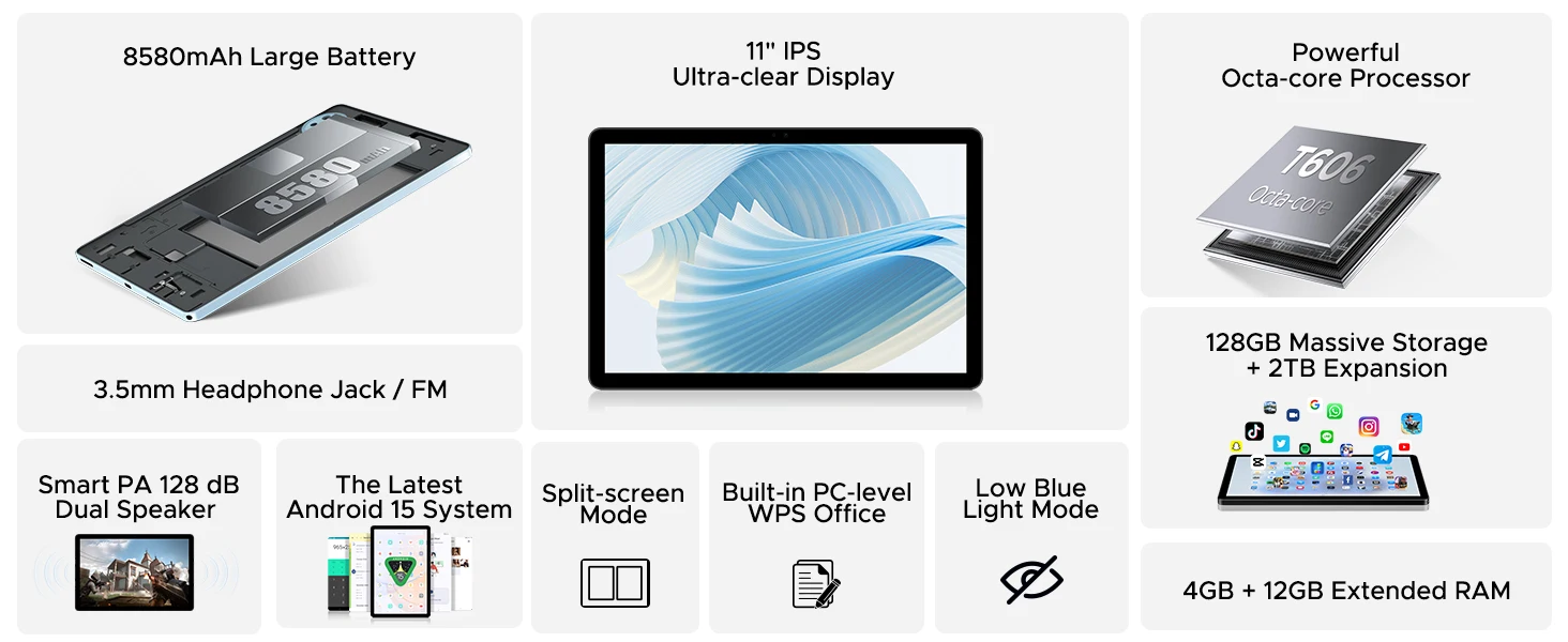 Doogee U11 Android 16 2-in-1 Smart Tablet Pc Gemini Ai 16Gb Ram(4+12) 128Gb Rom 8580Mah Battery Dual Speaker Supports Widevine L1 11" Ultra-Clear 90Hz Display Tablet Pc
