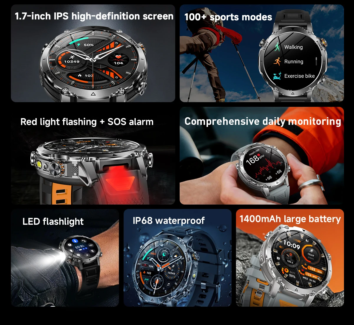 LIGE 2026 Military 1400mAh Battery Smart Watch Men Outdoor Flashlight IP68 Waterproof Heart Rate Bluetooth Call Sports Bracelets