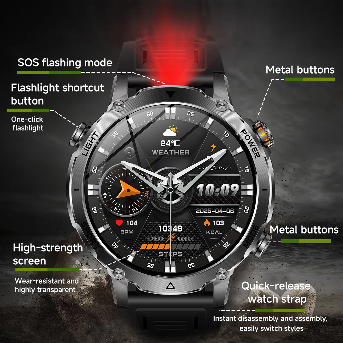 LIGE 2026 Military 1400mAh Battery Smart Watch Men Outdoor Flashlight IP68 Waterproof Heart Rate Bluetooth Call Sports Bracelets