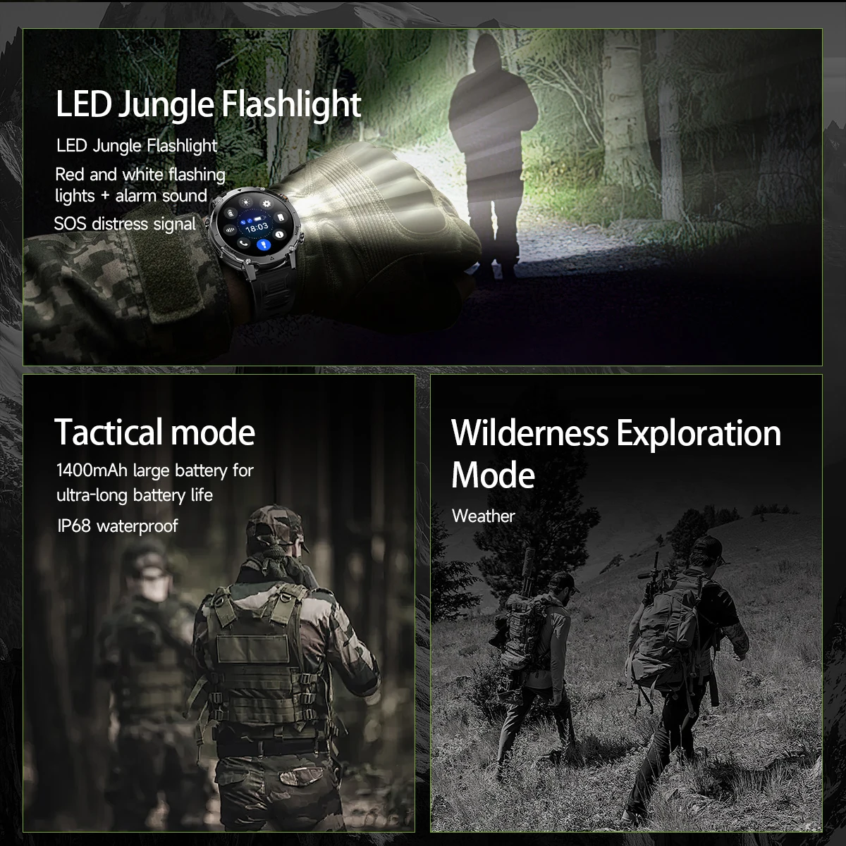 LIGE 2026 Military 1400mAh Battery Smart Watch Men Outdoor Flashlight IP68 Waterproof Heart Rate Bluetooth Call Sports Bracelets