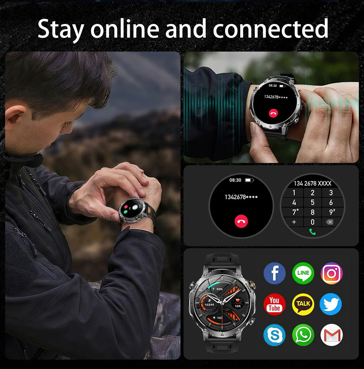 LIGE 2026 Military 1400mAh Battery Smart Watch Men Outdoor Flashlight IP68 Waterproof Heart Rate Bluetooth Call Sports Bracelets