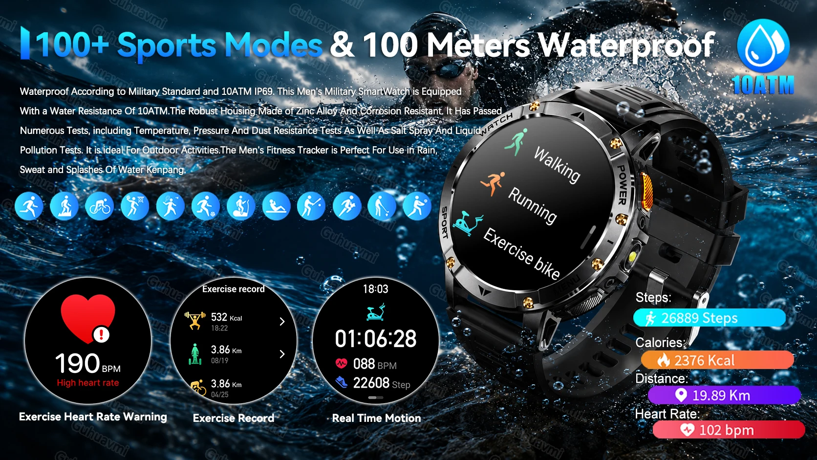 2026 New Military Outdoor Smart Watch Men 10ATM Waterproof Diving Heart Rate Monitor LED Flashlight Bluetooth Call Fitness Watch
