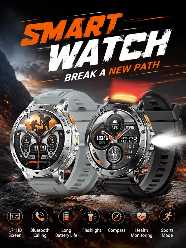 2026 New Military Outdoor Smart Watch Men 10ATM Waterproof Diving Heart Rate Monitor LED Flashlight Bluetooth Call Fitness Watch