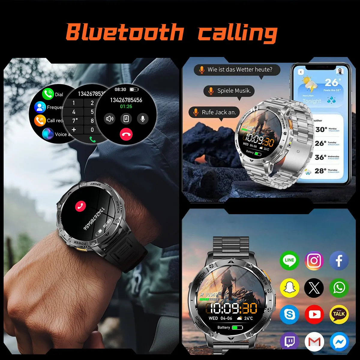 2026 New Military Outdoor Smart Watch Men 10ATM Waterproof Diving Heart Rate Monitor LED Flashlight Bluetooth Call Fitness Watch