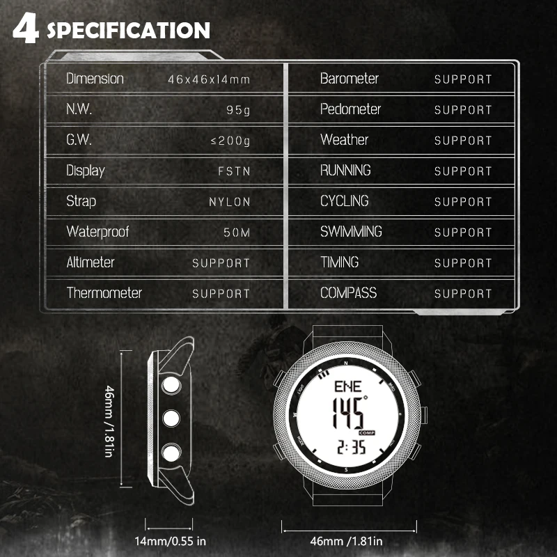 NORTH EDGE Smart Watch For Men Altimeter Barometer Thermometer Compass Military Digital Clock Outdoor Smartwatch Waterproof 50m